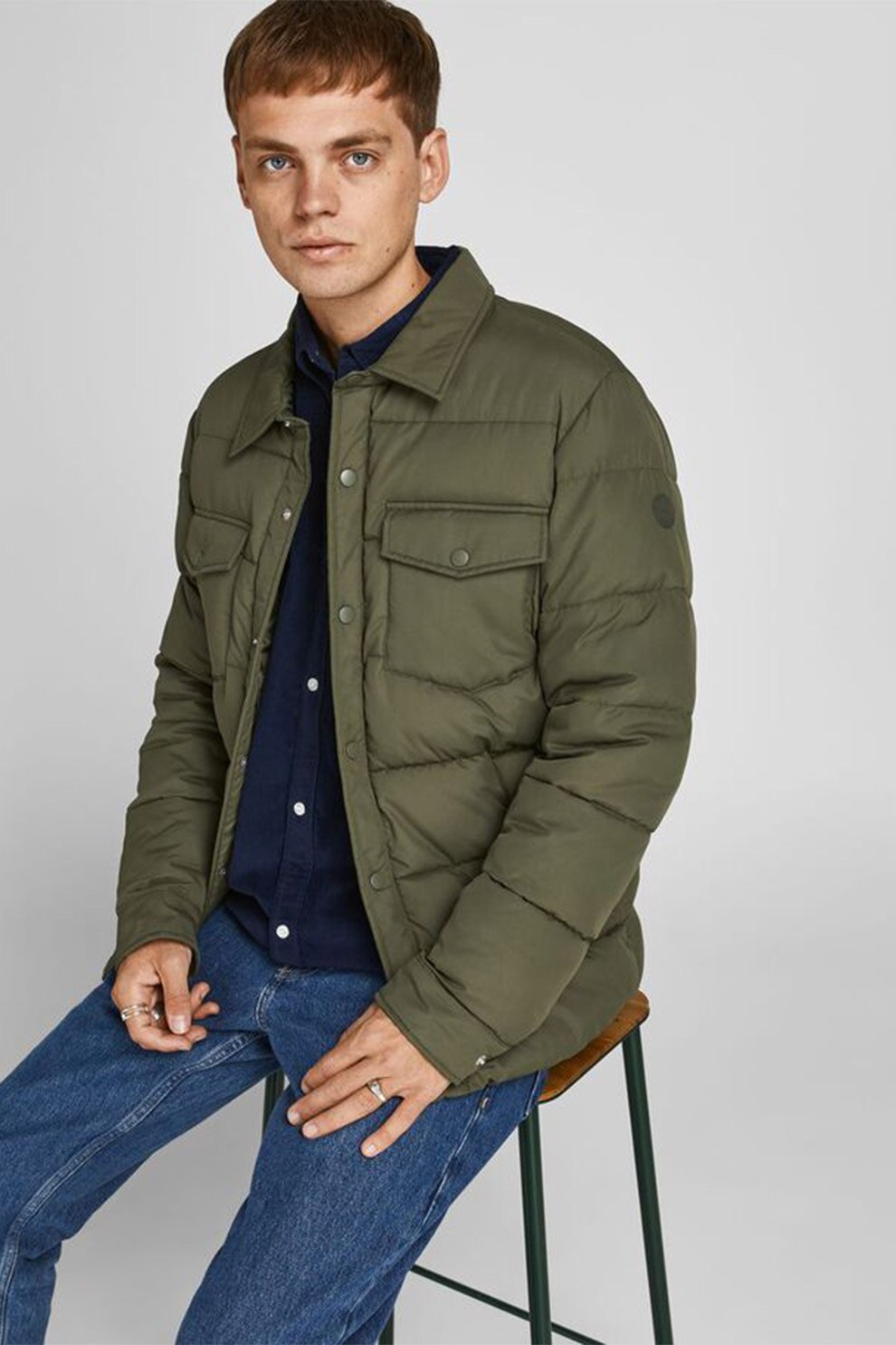 Jack&Jones, Geaca matlasata cu guler clasic, Verde oliv, S