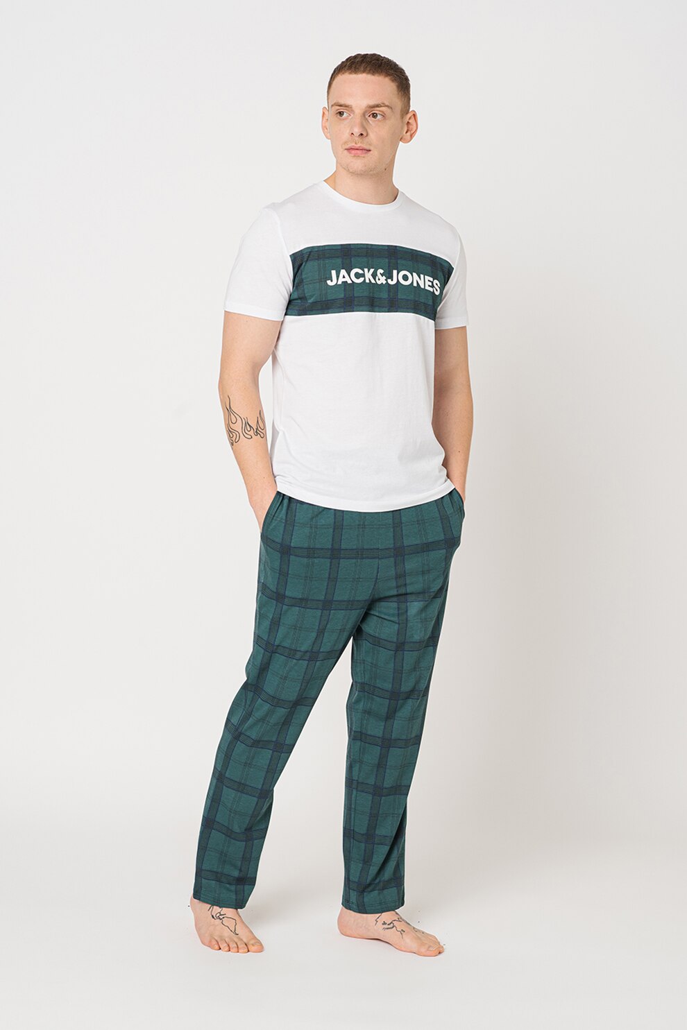 Jack&Jones, Pijama din bumbac cu model in carouri Train, Verde persan/alb optic