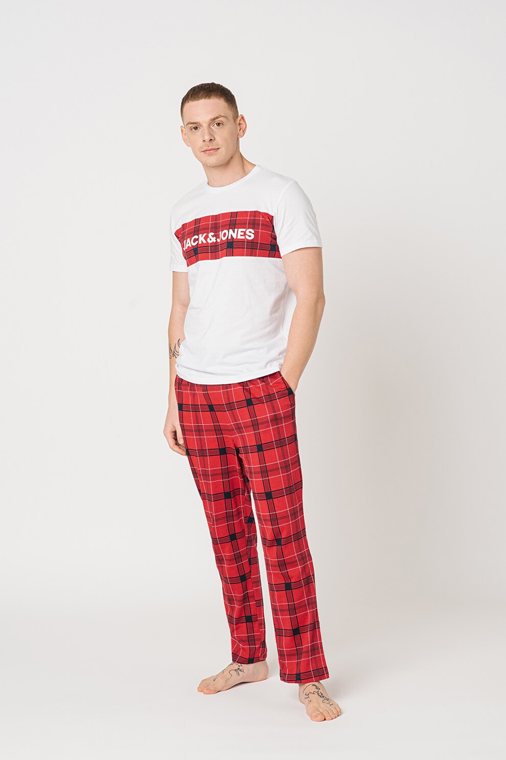 Jack&Jones, Pijama din bumbac cu model in carouri Train, Rosu/Alb