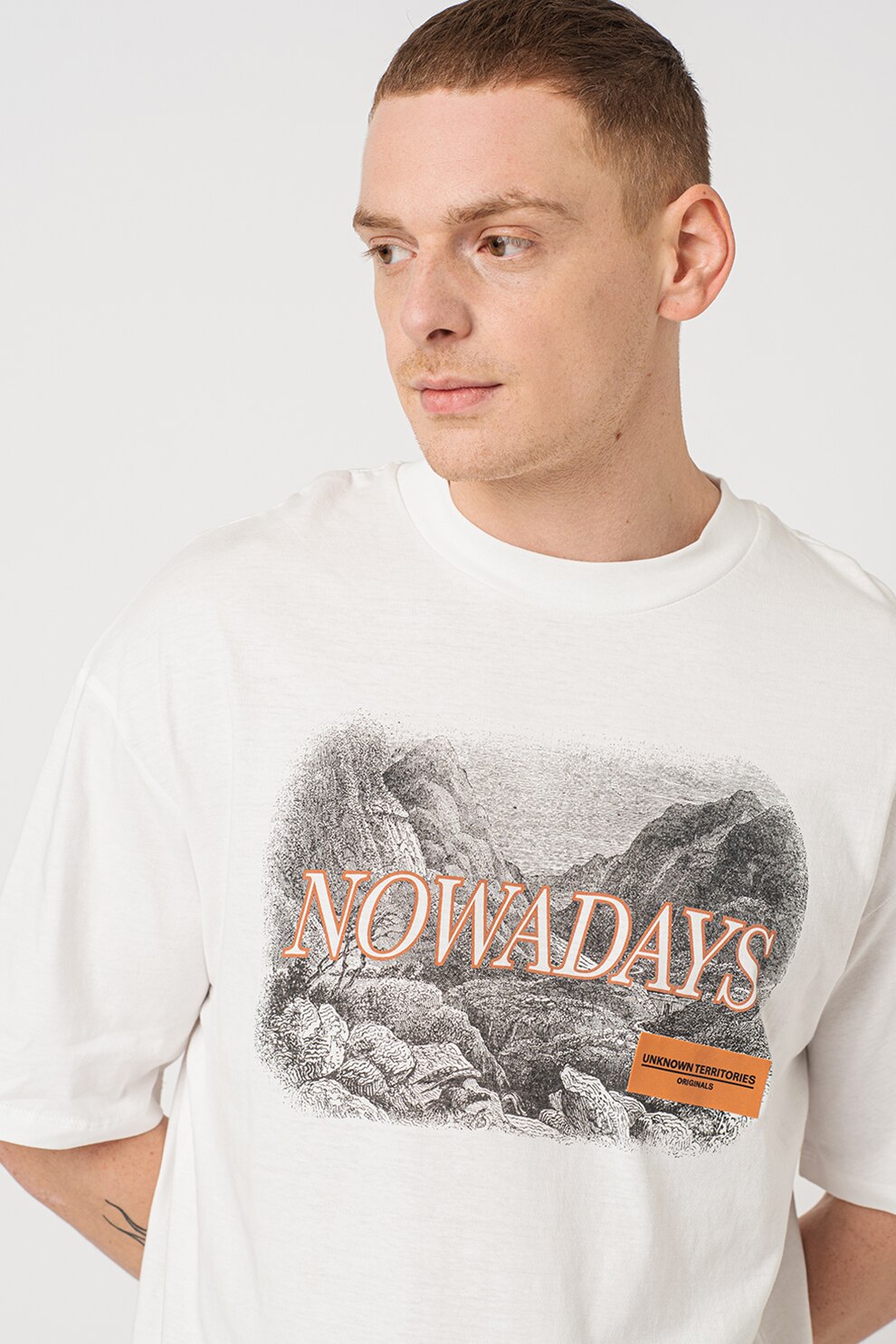 Jack&Jones, Tricou lejer cu imprimeu Herritage, Alb/Gri