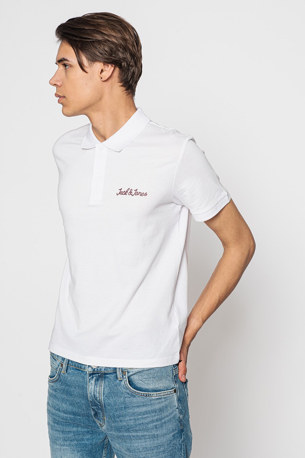 Jack&Jones, Tricou polo din material pique Wings, Alb optic