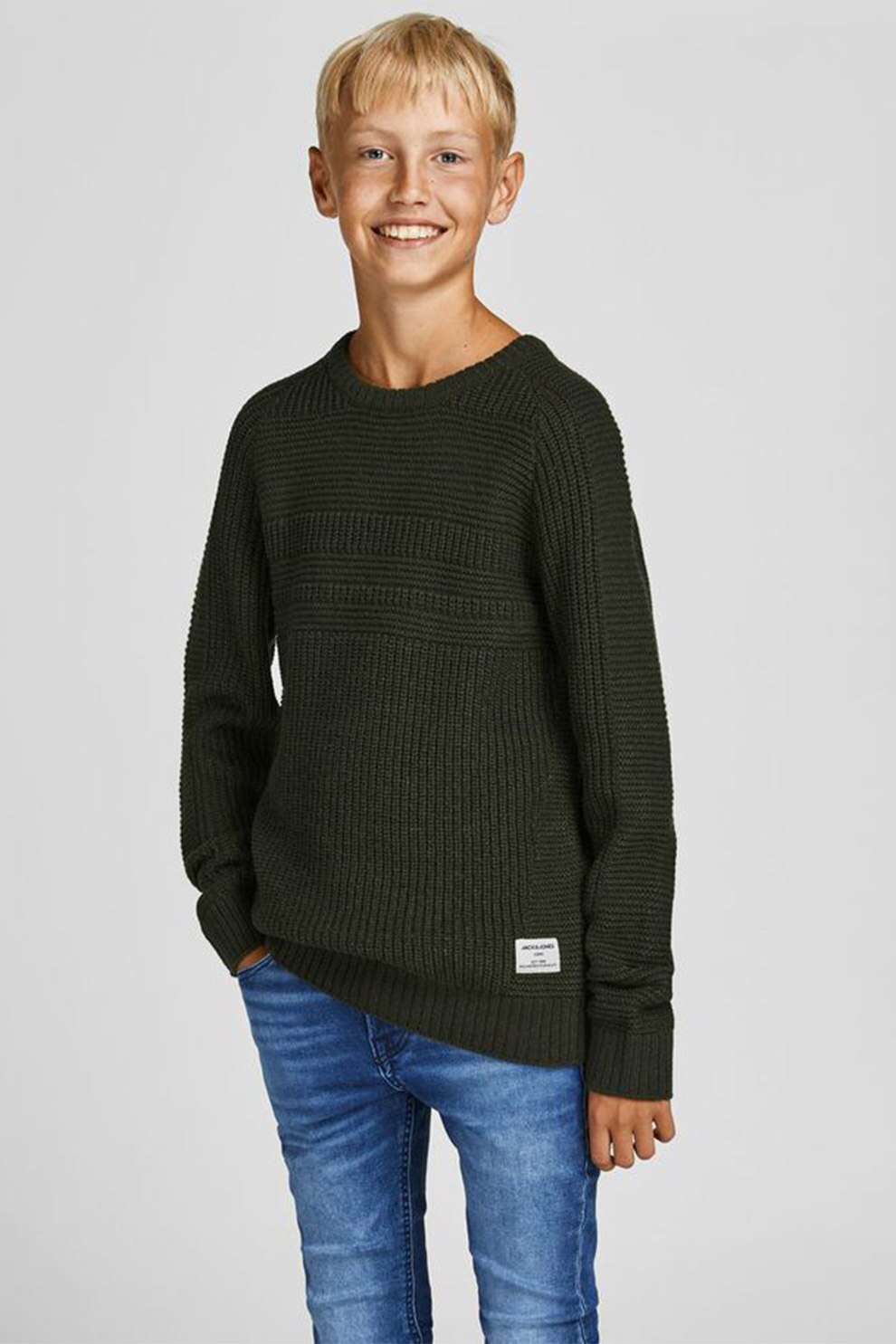 Jack&Jones, Pulover tricotat cu decolteu la baza gatului, Verde forest