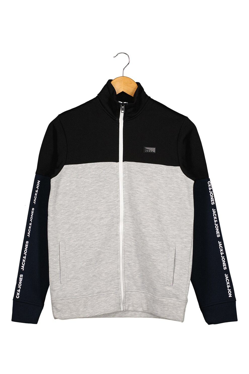 Jack&Jones, Bluza sport cu fermoar si buzunare cu refilet, Negru/Gri deschis melange