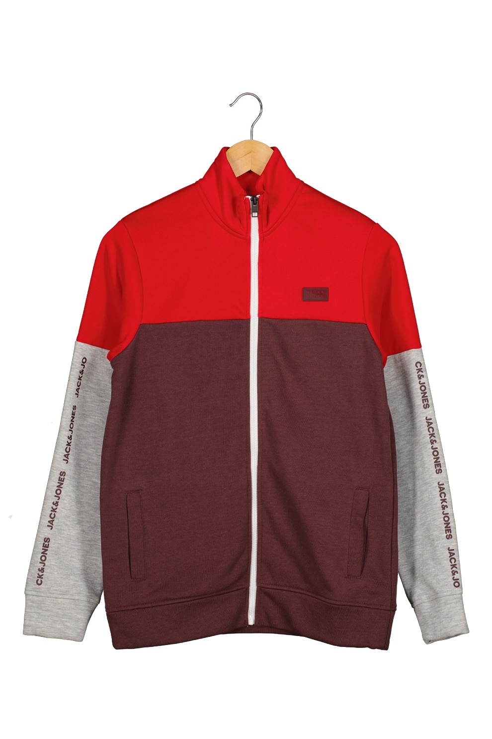 Jack&Jones, Bluza sport cu fermoar si buzunare cu refilet, Rosu/violet prafuit/gri melange