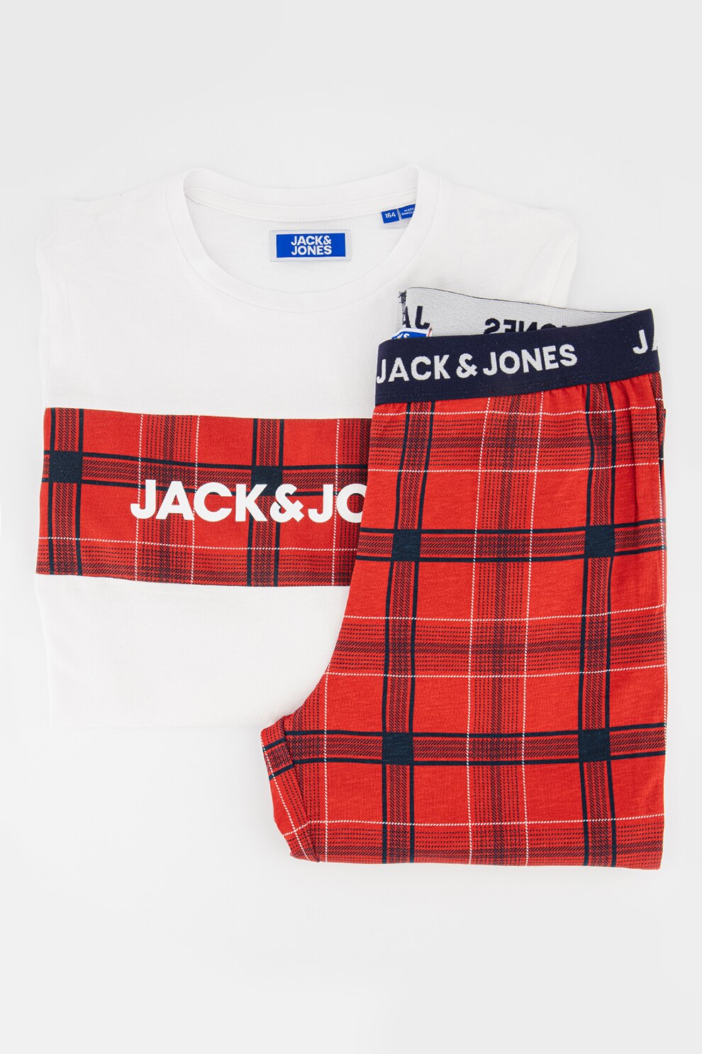 Jack&Jones, Pijama din bumbac cu maneci lungi, Rosu/Alb optic