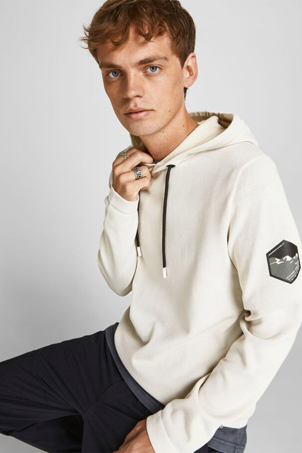 Jack&Jones, Hanorac cu snur si aplicatie logo, Alb prafuit