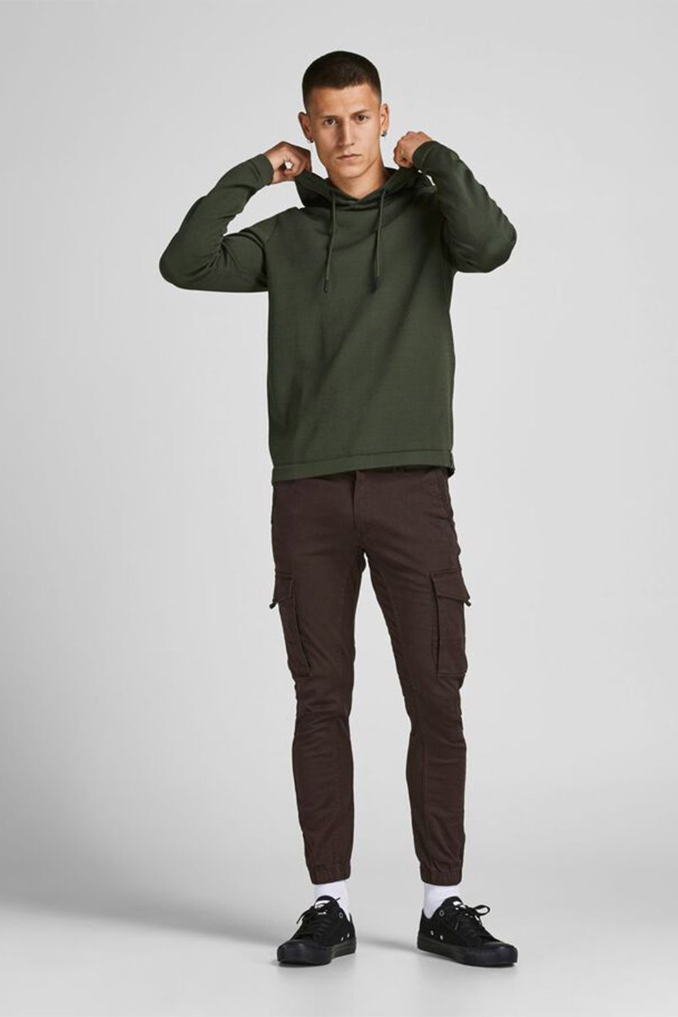Jack&Jones, Hanorac cu snur si aplicatie logo, Verde inchis