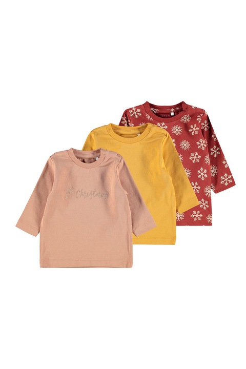 NAME IT, Set de bluza de pijama de bumbac organic cu model grafic - 3 piese, Rosu inchis/Roz prafuit/Ocru