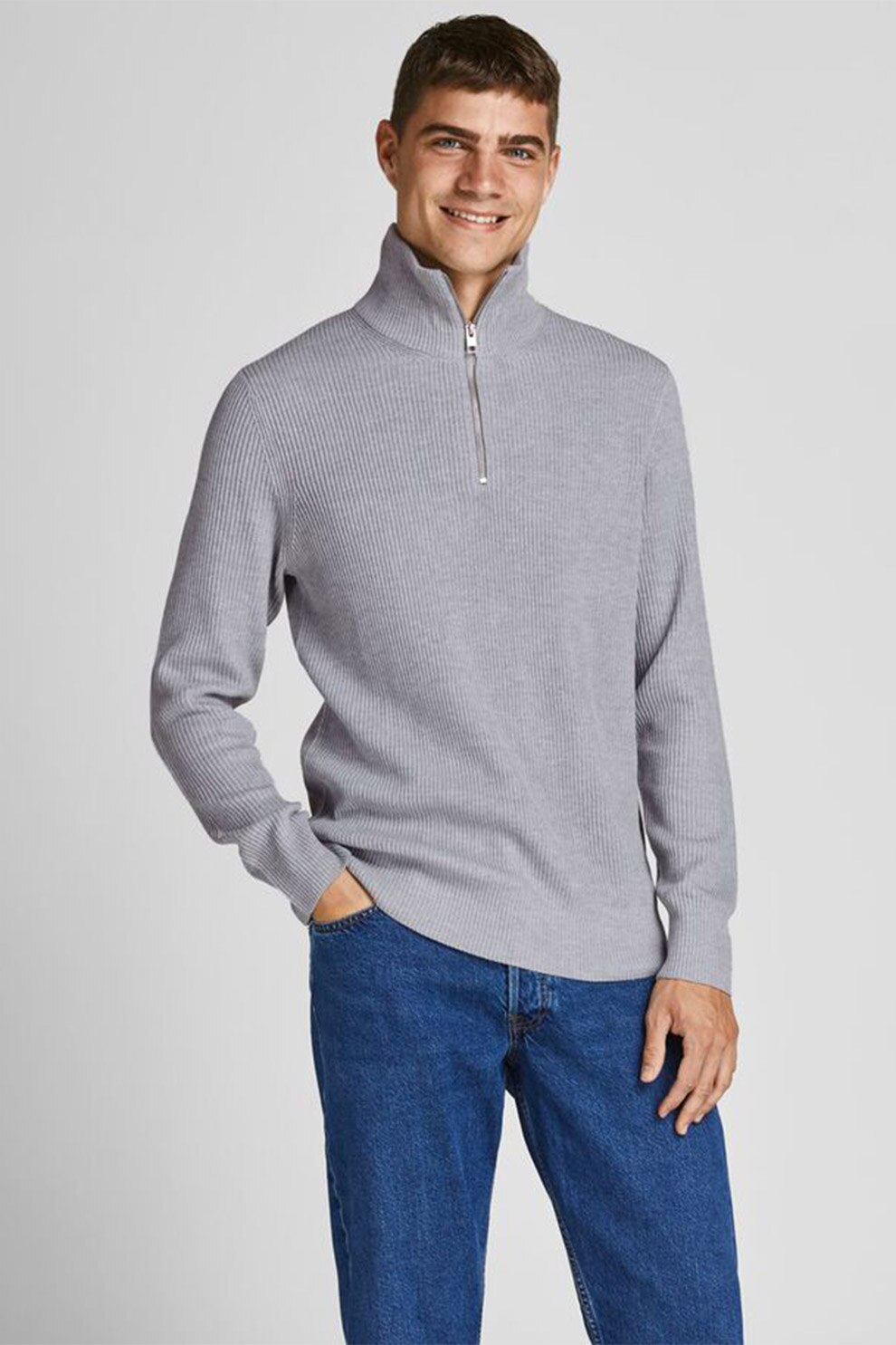 Jack&Jones, Pulover din amestec de bumbac organic cu fenta cu fermoar, Gri cenusa