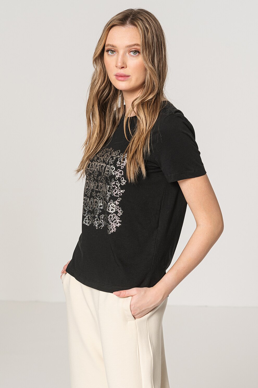 Vero Moda, Tricou din bumbac organic cu imprimeu grafic Cadyolly, Negru/Argintiu