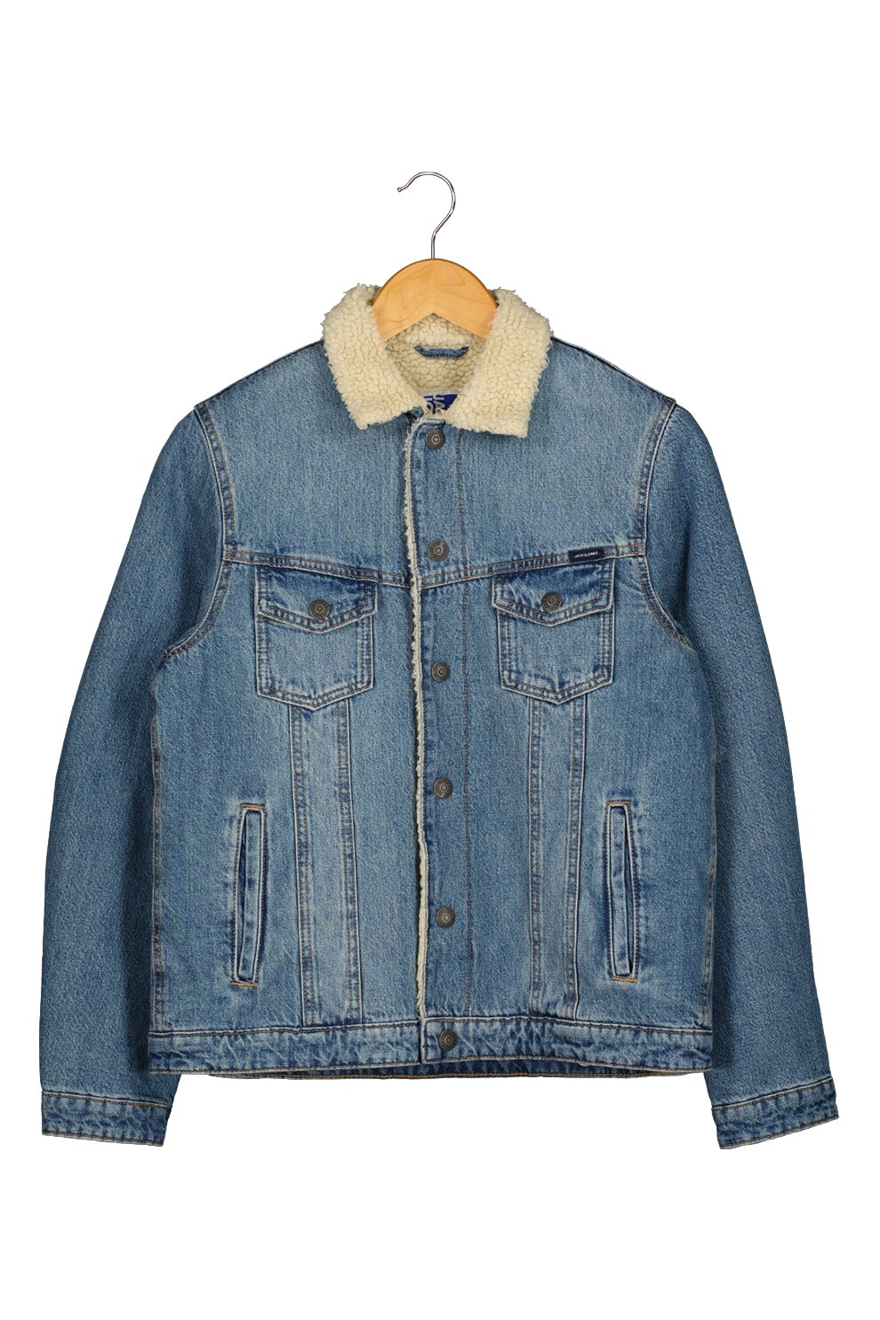 Jack&Jones, Jacheta regular fit din denim cu guler din blana sherpa, Albastru inchis