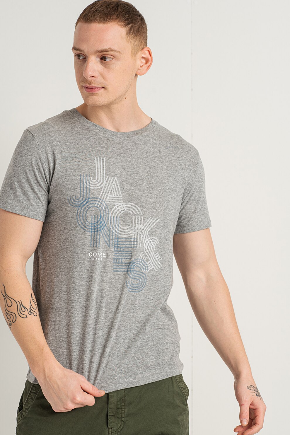 Jack&Jones, Tricou din bumbac cu imprimeu logo Power, Gri melange/ Alb
