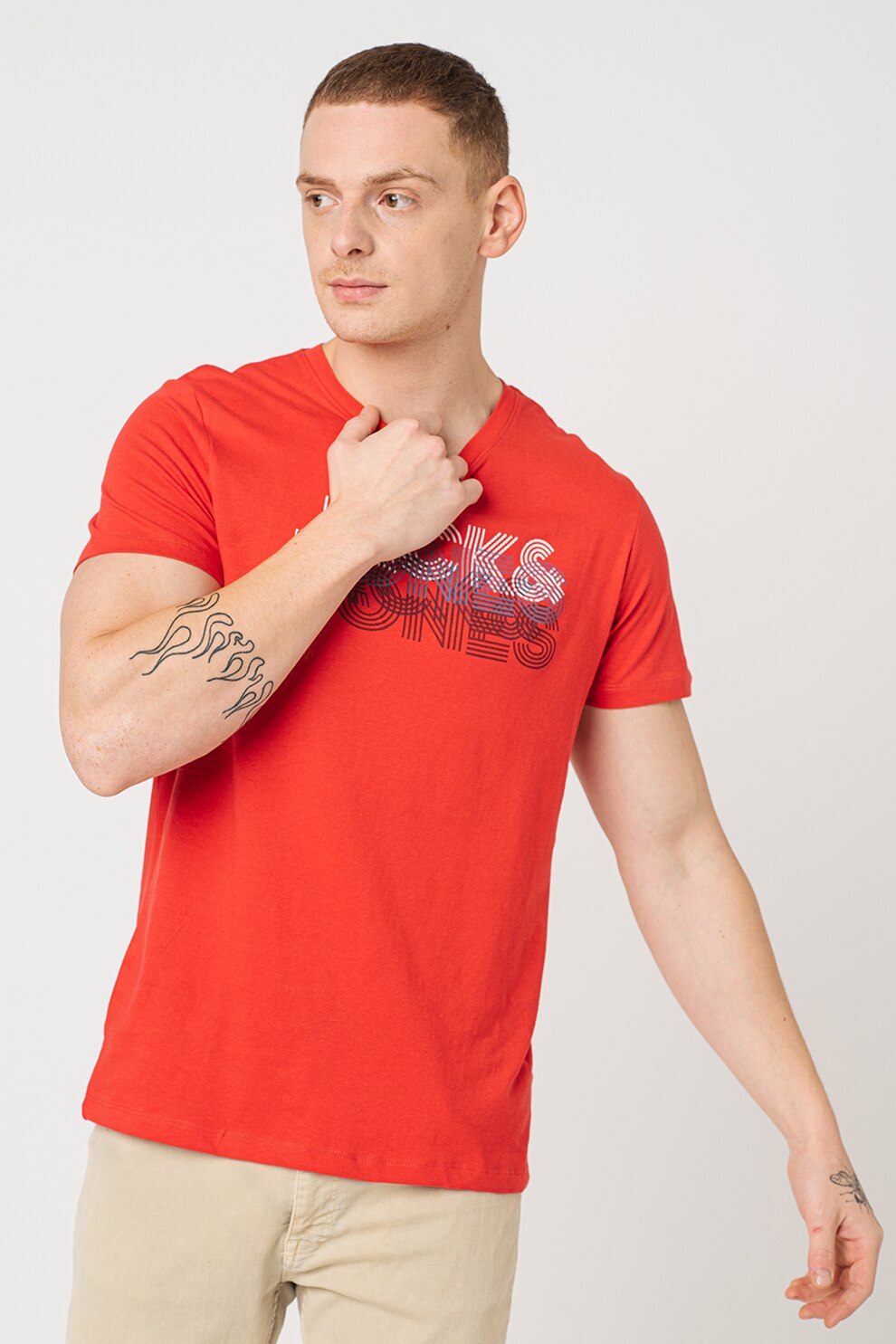 Jack&Jones, Tricou din bumbac cu imprimeu logo Power, Rosu/Alb