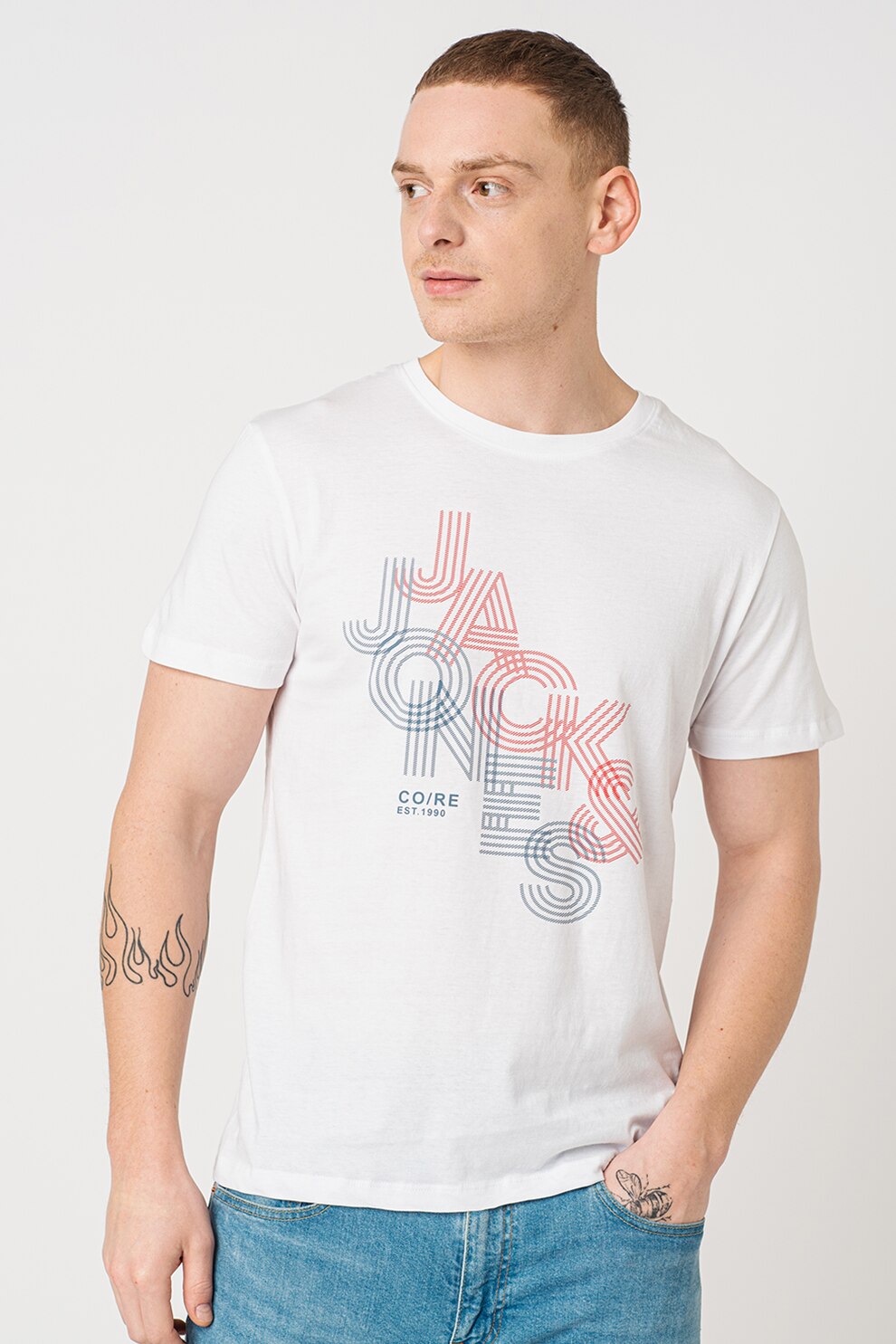 Jack&Jones, Tricou din bumbac cu imprimeu logo Power, Alb optic/Rosu