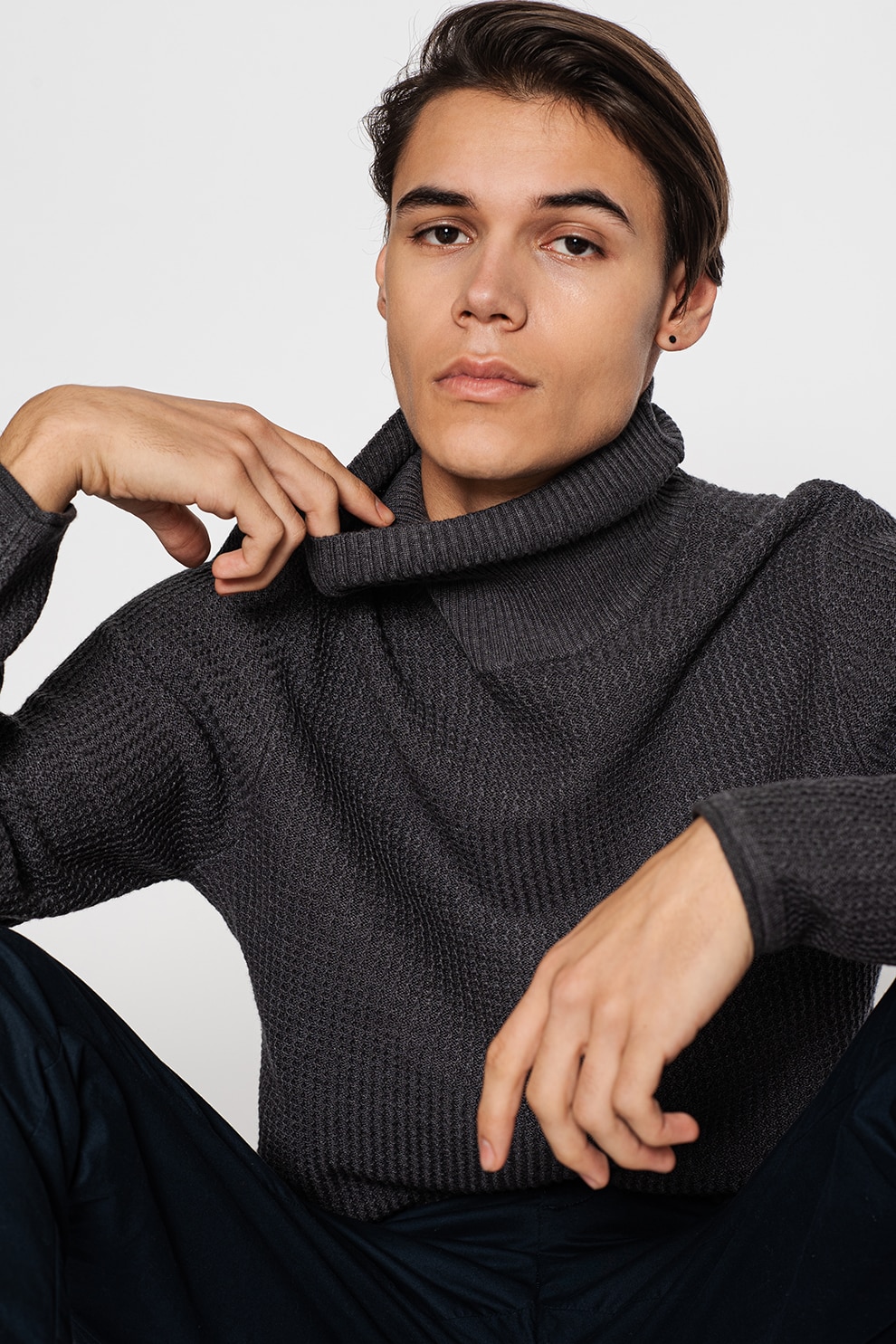 Jack&Jones, Pulover din bumbac organic cu guler inalt Blu Carlos, Gri inchis