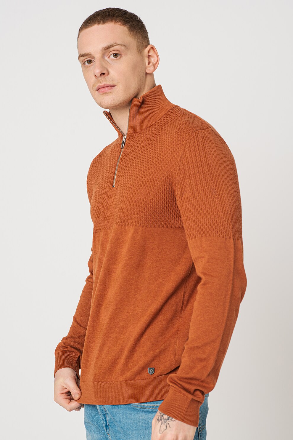 Jack&Jones, Pulover din amestec de bumbac organic cu fenta scurta cu fermoar Bla Winter, Maro caramel