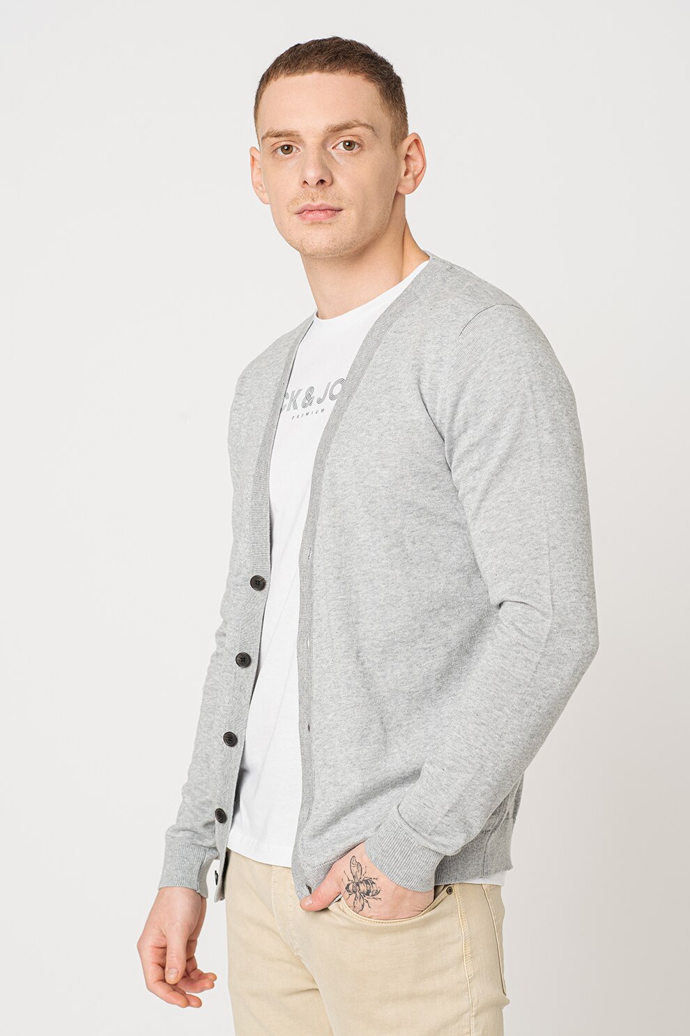 Jack&Jones, Cardigan cu decolteu in V si terminatii striate Bla Winter, Gri melange