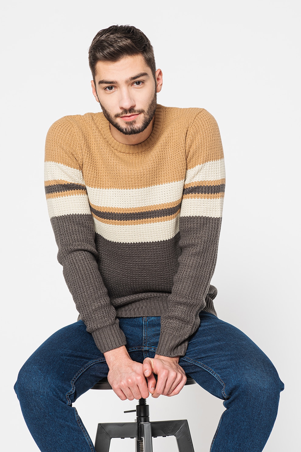 Jack&Jones, Pulover cu decolteu la baza gatului Dalton, Gri antracit/Maro camel