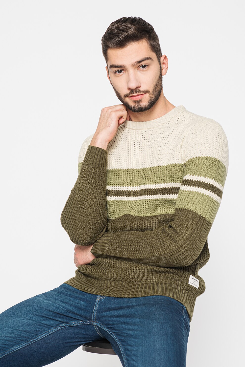 Jack&Jones, Pulover cu decolteu la baza gatului Dalton, Verde/Crem