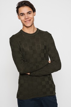 Only & Sons, Pulover cu decolteu la baza gatului si model Helix, Verde inchis Only & Sons, Pulover cu decolteu la baza gatului si model Helix, Verde inchis