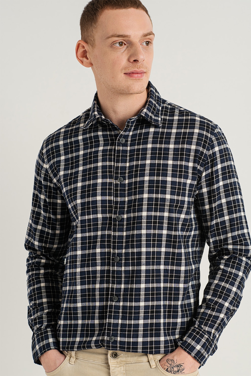 Selected Homme, Camasa din amestec de bumbac organic cu model in carouri Regisac, Bleumarin/Alb/Negru