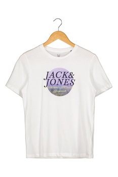 Jack&Jones, Tricou din bumbac cu imprimeu grafic, Alb optic/Lila