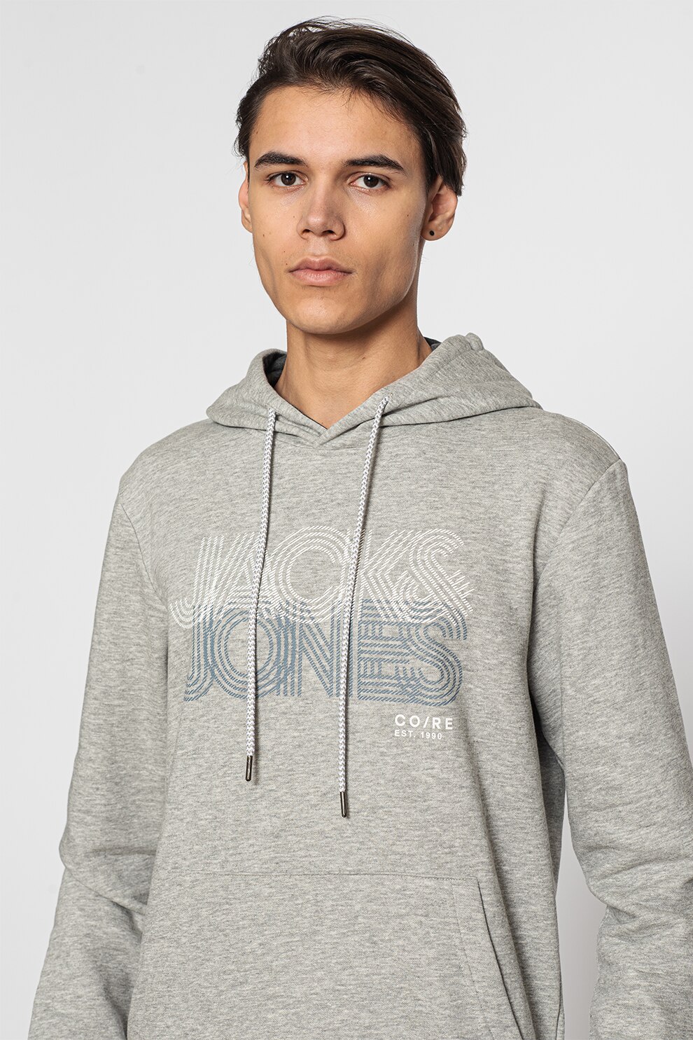 Jack&Jones, Hanorac cu imprimeu logo Power, Gri melange/ Alb