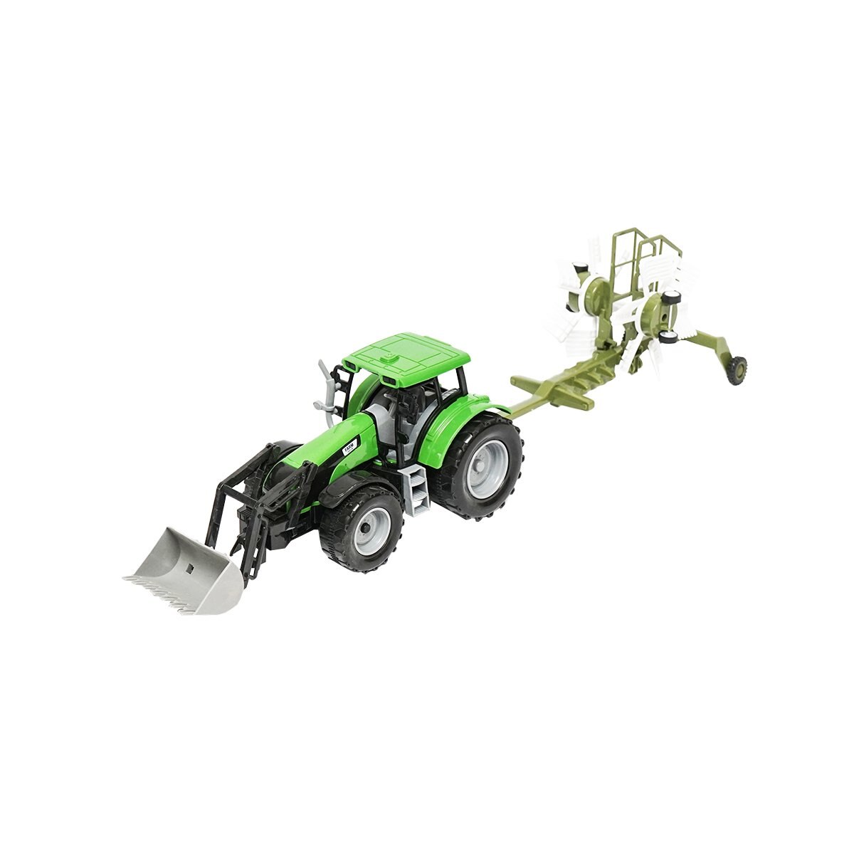Tractor verde cu incarcator si utilaj agricol pentru ferma 1:35