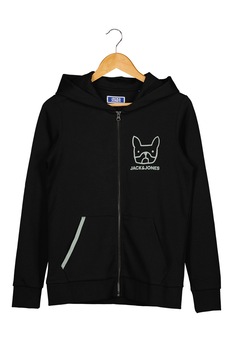 Jack&Jones, Hanorac cu fermoar si imprimeu logo, Negru Jack&Jones, Hanorac cu fermoar si imprimeu logo, Negru