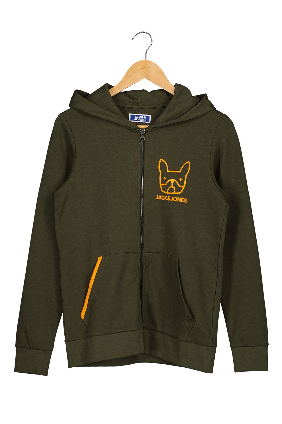 Jack&Jones, Hanorac cu fermoar si imprimeu logo, Verde militar/Oranj