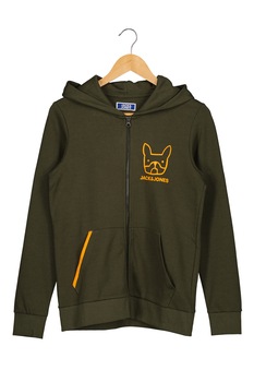 Jack&Jones, Hanorac cu fermoar si imprimeu logo, Verde militar/Oranj Jack&Jones, Hanorac cu fermoar si imprimeu logo, Verde militar/Oranj