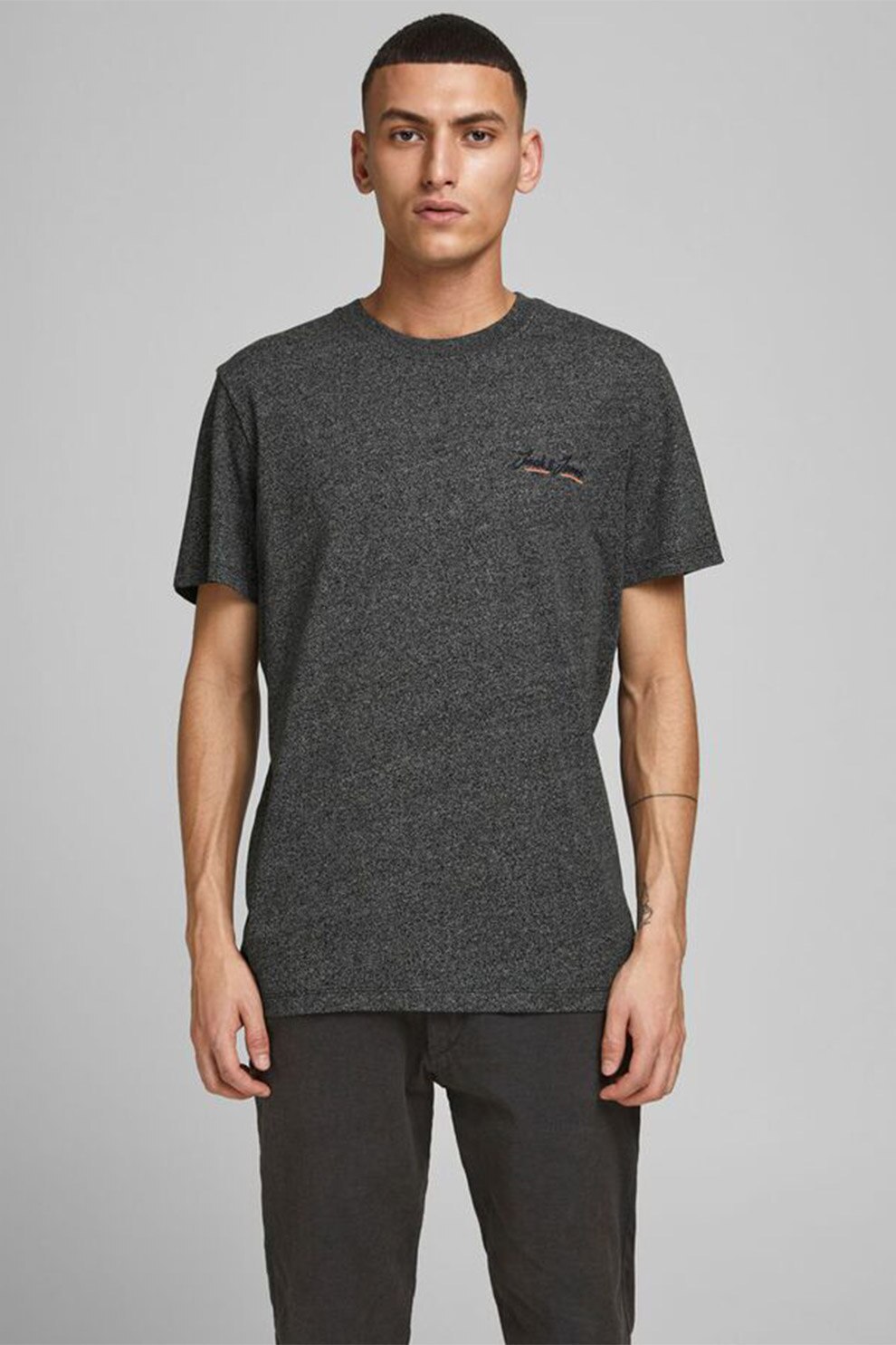 Jack&Jones, Tricou cu decolteu la baza gatului si logo pe piept Tons, Negru melange