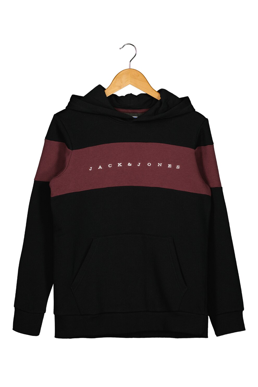Jack&Jones, Hanorac in doua tonuri cu imprimeu logo, Negru/Rosu Bordeaux