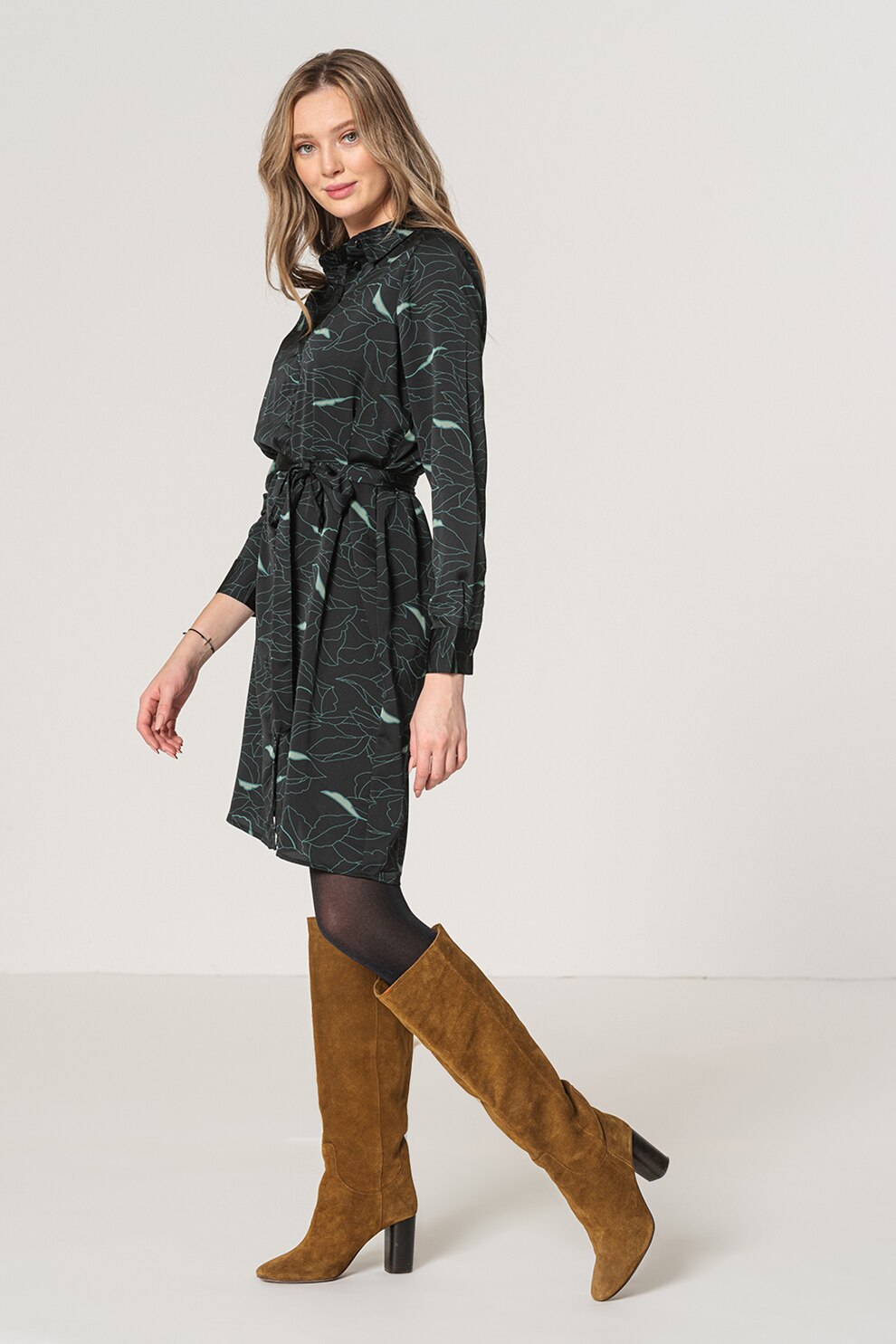 Vero Moda, Rochie tip camasa cu cordon in talie Satti, Negru/Verde, S