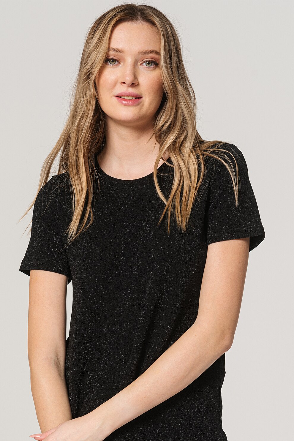 JdY, Bluza cu maneci scurte si insertii din lurex, Negru/Argintiu