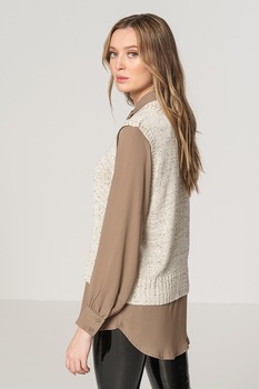 Vero Moda, Vesta cu decolteu la baza gatului si detalii cu paiete Leilani, Alb prafuit/Argintiu Vero Moda, Vesta cu decolteu la baza gatului si detalii cu paiete Leilani, Alb prafuit/Argintiu