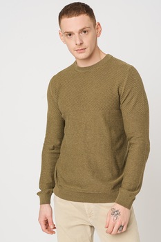 Jack&Jones, Pulover din amestec de bumbac organic cu decolteu la baza gatului Bla Winter, Verde militar Jack&Jones, Pulover din amestec de bumbac organic cu decolteu la baza gatului Bla Winter, Verde militar