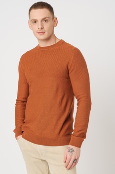 Jack&Jones, Pulover din amestec de bumbac organic cu decolteu la baza gatului Bla Winter, Maro caramel Jack&Jones, Pulover din amestec de bumbac organic cu decolteu la baza gatului Bla Winter, Maro caramel