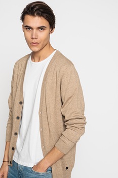 Jack&Jones, Cardigan cu decolteu in V si terminatii striate Bla Winter, maro melange Jack&Jones, Cardigan cu decolteu in V si terminatii striate Bla Winter, maro melange