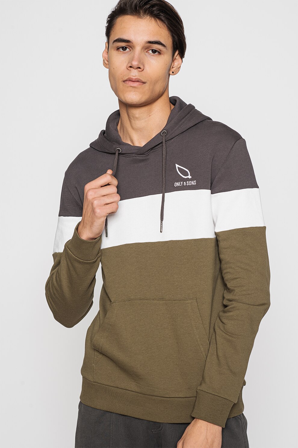 Only & Sons, Hanorac cu model colorblock Luke, Gri/alb/verde militar