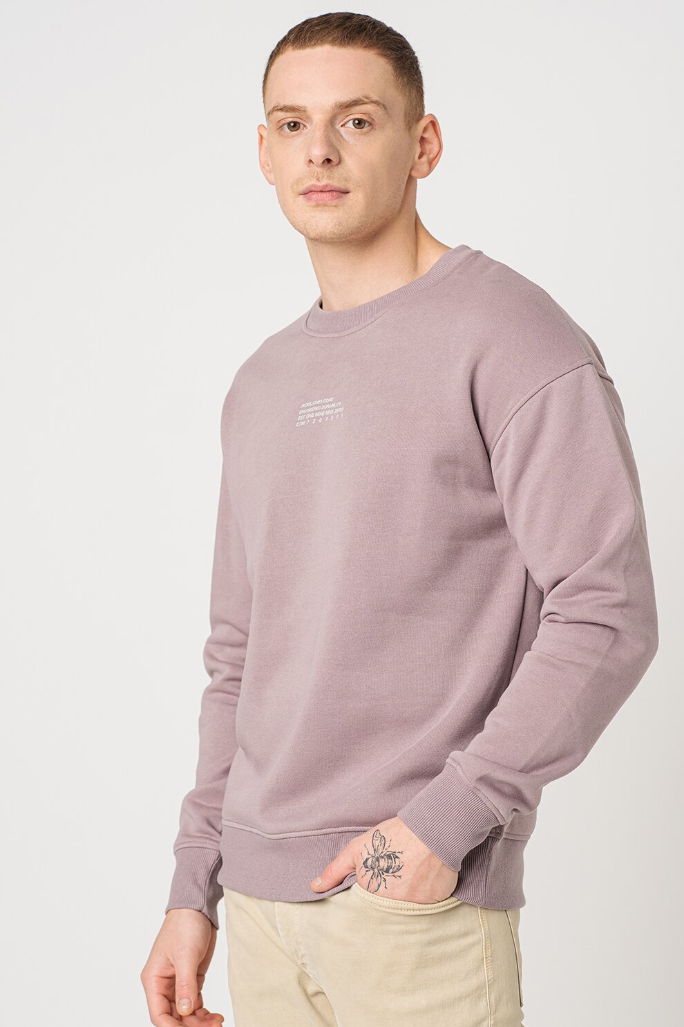 Jack&Jones, Bluza sport cu decolteu la baza gatului si maneci cazute Globe, Lila prafuit/alb