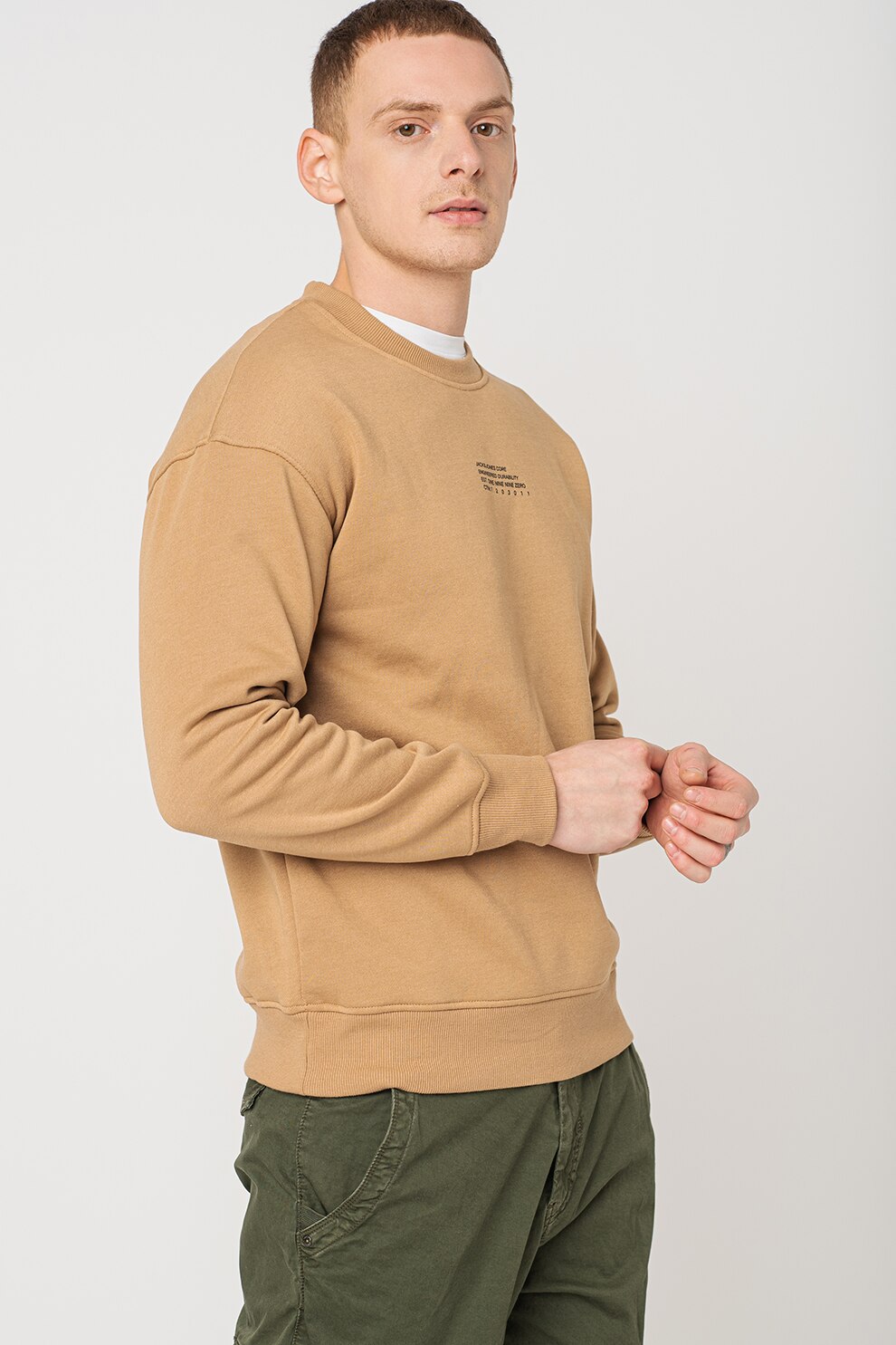 Jack&Jones, Bluza sport cu decolteu la baza gatului si maneci cazute Globe, Bej/Negru