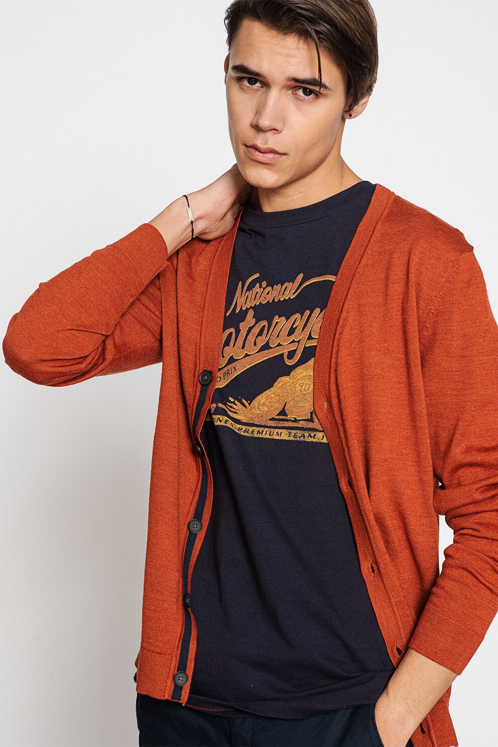 Selected Homme, Cardigan tricotat fin din amestec de lana Merinos Town, Rosu caramiziu