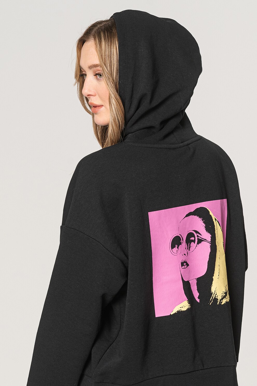 Only, Hanorac cu maneci cazute si imprimeu text Miley, Negru/Roz fandango