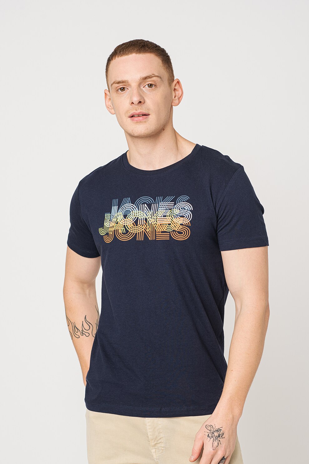 Jack&Jones, Tricou din bumbac cu imprimeu logo Power, Bleumarin