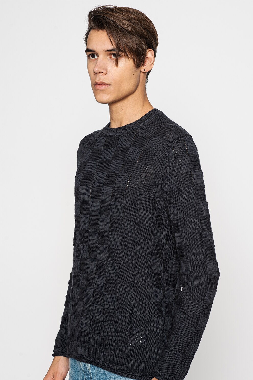 Only & Sons, Pulover cu decolteu la baza gatului si model Helix, Bleumarin