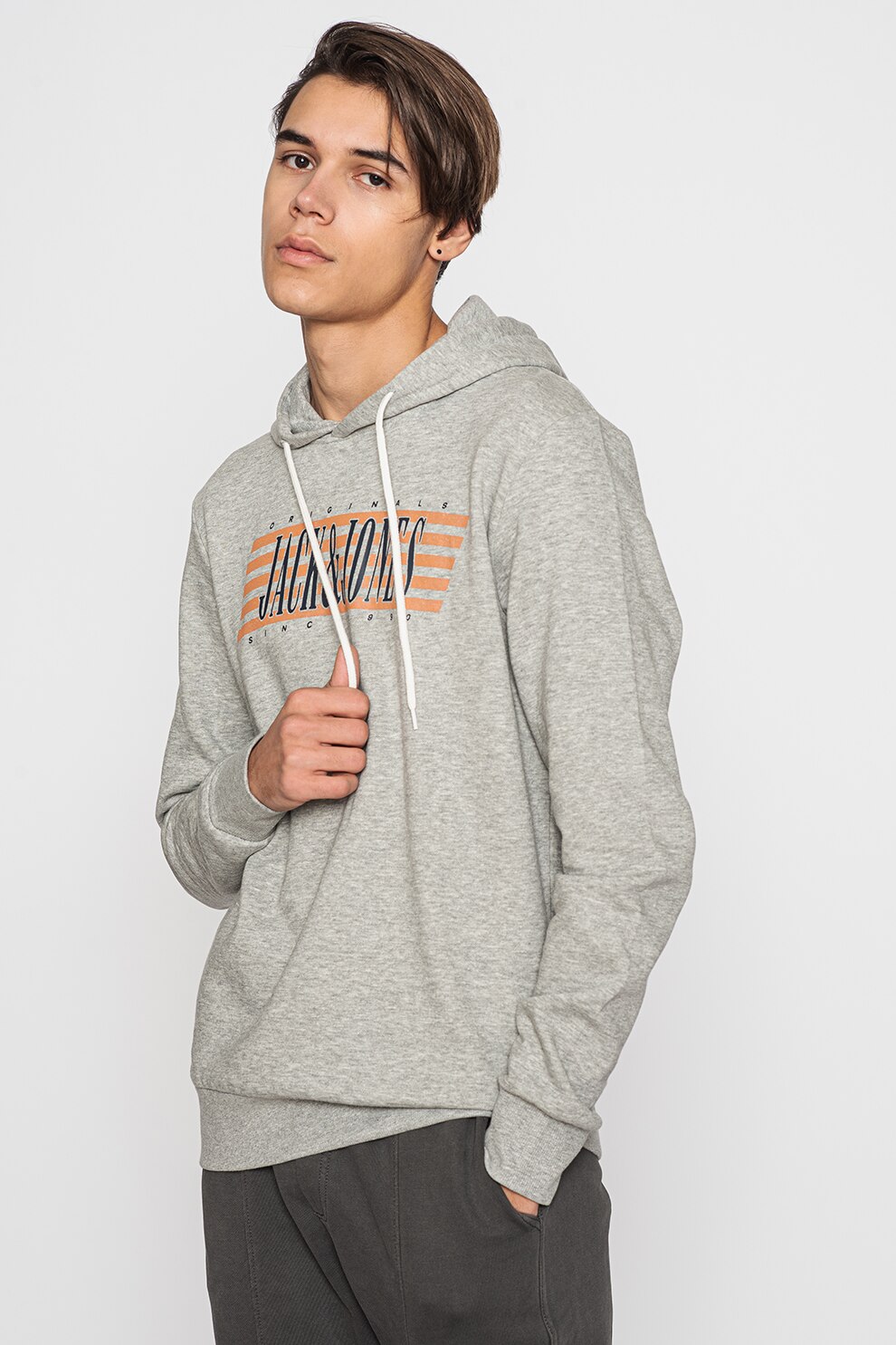 Jack&Jones, Hanorac cu imprimeu logo Jarl, Gri melange