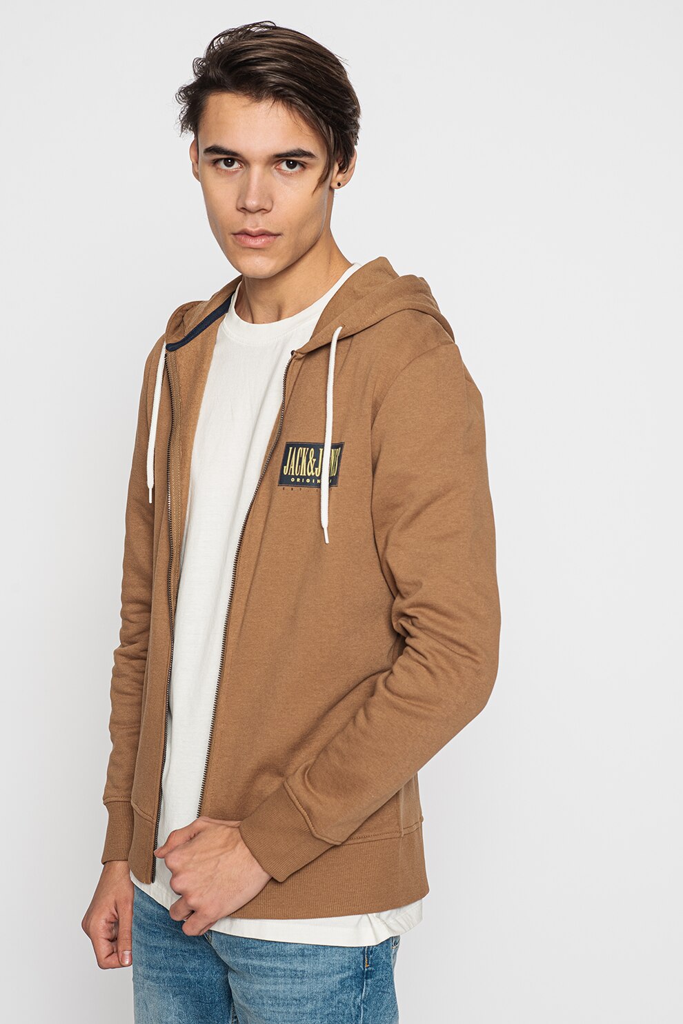 Jack&Jones, Hanorac cu fermoar si logo Jarl, Maro caramel