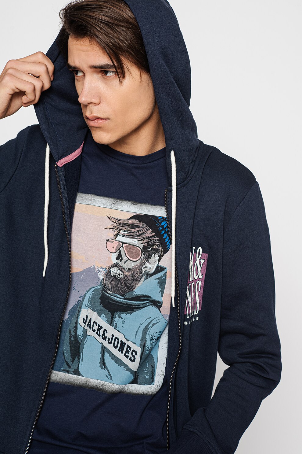 Jack&Jones, Hanorac cu fermoar si logo Jarl, Bleumarin/violet/alb