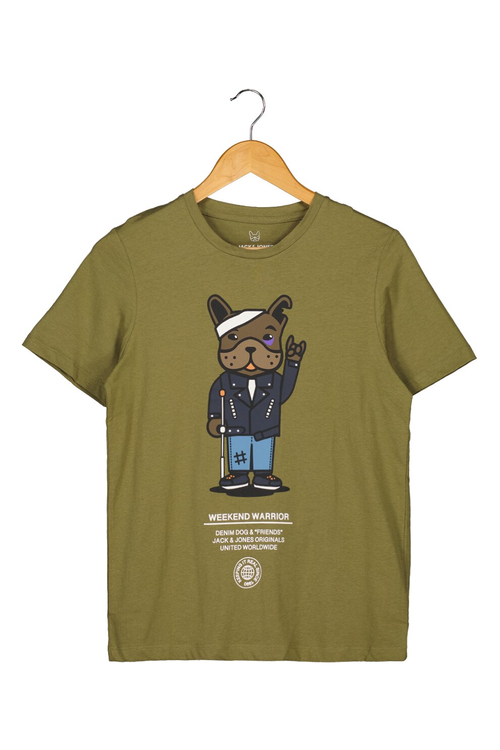 Jack&Jones, Tricou din bumbac cu imprimeu grafic, Verde militar/bleumarin/maro